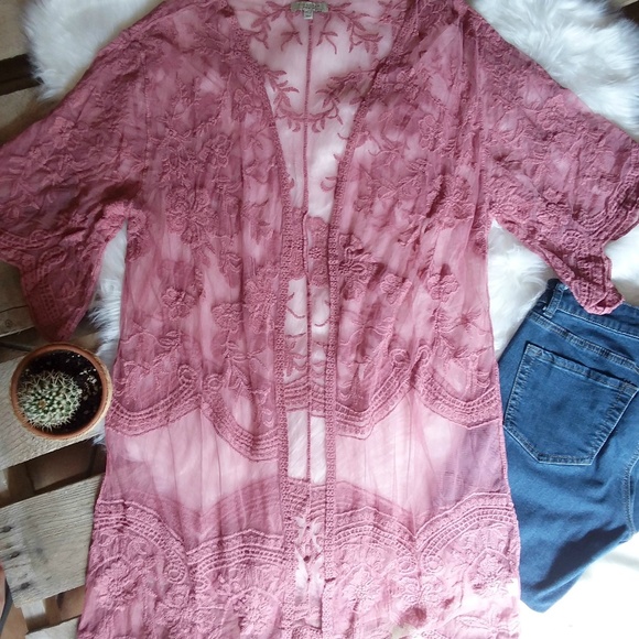 Sweaters - Long Lace Cardigan Duster in Mauve